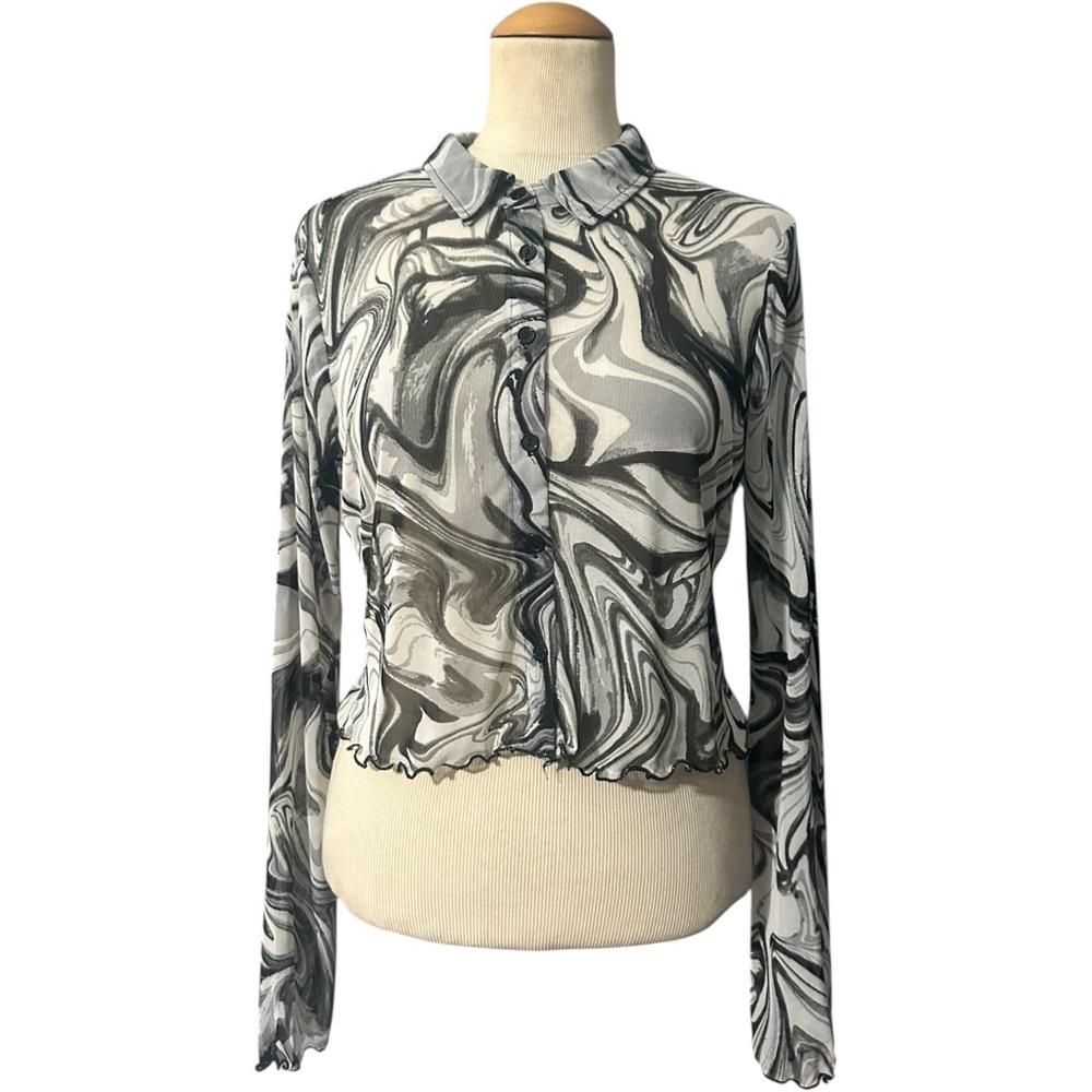 No Comment Sheer Marble Crop Top Black White Size XL